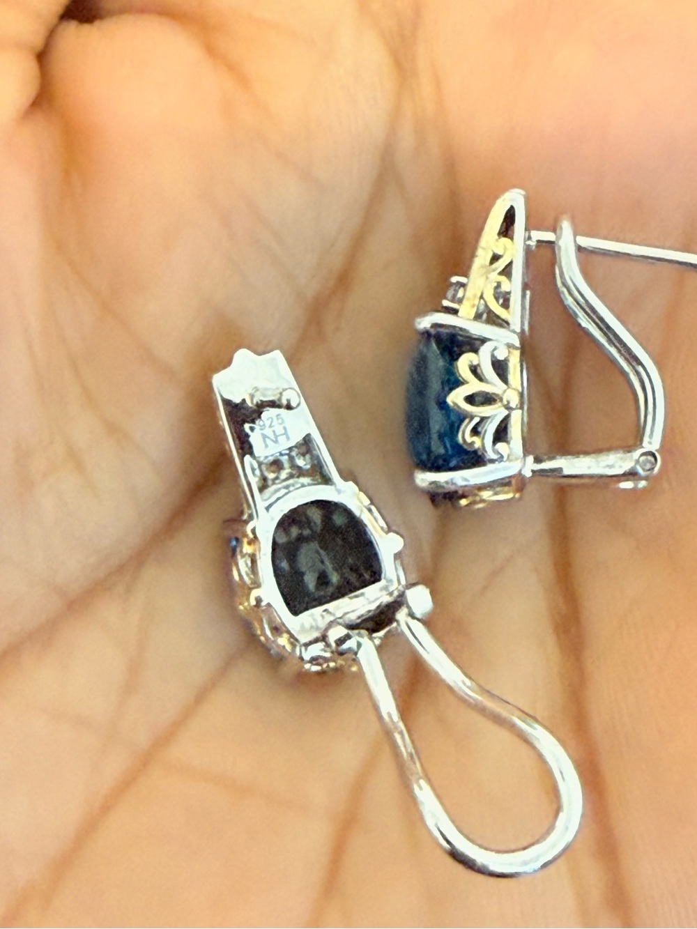 Genuine London Blue Topaz Sterling Silver 925 Two-Tone Leverback Earrings - Picture 5 of 11